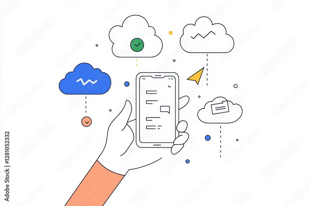 Fototapete A flat design illustration shows how cloud technology makes it easy to transfer document files from a Wi-Fi-enabled phone to the cloud