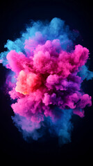 Fototapeta premium Vibrant explosion of pink and blue smoke against a dark background.