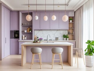 The modern kitchen showcases a lavender color palette and design