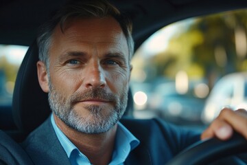 Focused European middle aged businessman driving car, male driver riding in the city holding hands on steering wheel, Generative AI
