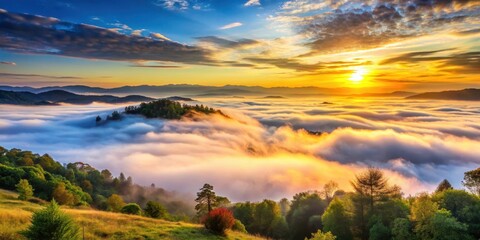 Fototapeta premium A serene view of clouds drifting lazily across the sky at sunrise, with a hint of mist rising from the valley below , landscape