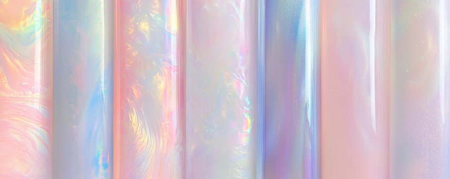 Holographic light crystal patterns and textures of unicorns on a background made of iridescent rainbow hologram glass material