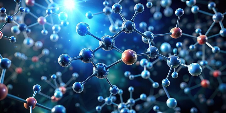Detailed molecule structure on dark background with scattered ions and electrons, ionization