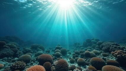 Obraz premium Sunlit underwater view of coral reef affected by coral bleaching in ocean 