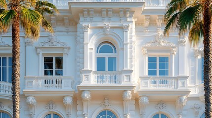 Elegant neoclassical building with ionic columns and French windows stands amidst tall palm trees, exuding Mediterranean charm under warm sunlight.