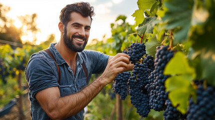 man picking red wine grapes on vine in vineyard