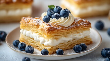 Flaky puff pastry topped with whipped cream and fresh blueberries is elegantly displayed on a white plate, emphasizing creamy texture and golden brown pastry.