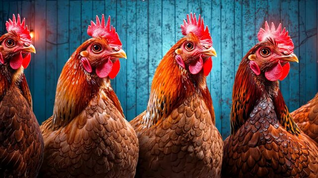 Four vibrant chickens stand in a row against a colorful backdrop, showcasing their striking features and lively expressions in a farm setting.