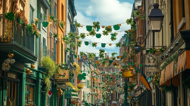 Green and Gold Festive Street with Irish Decorations, St. Patrick&rsquo;s Day