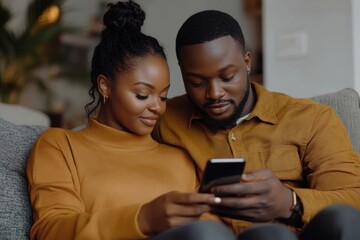 Positive African American couple sitting on couch, using smartphone, woman sharing social media content, showing photos or videos to her husband, Generative AI