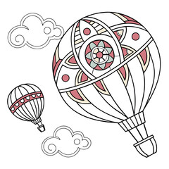 Hot Air Balloon Coloring Page: Detailed Zentangle Style Balloons & Clouds Illustration for Creative Coloring Fun & Relaxation