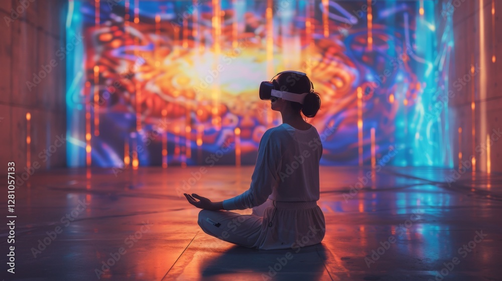 Poster A person sits cross legged, practicing mindfulness while wearing a virtual reality headset. The background is illuminated with vivid patterns and colors, enhancing the experience.