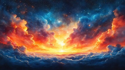Fototapeta premium Dramatic Sky with Fiery Clouds and Glimmering Stars in Watercolor Art