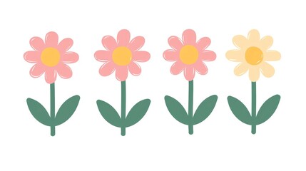 Charming Pink and Yellow Flowers Vector Illustration on White Background