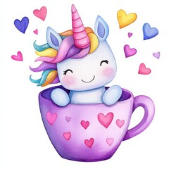 Fototapeta premium A cute unicorn with a rainbow mane peeks out of a purple cup decorated with hearts, surrounded by colorful heart shapes.