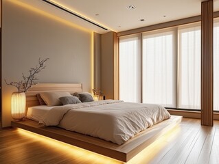 The modern bedroom features a minimalist bed and soft lighting