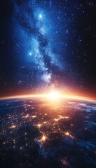 Earthrise over Cities, Milky Way Background
