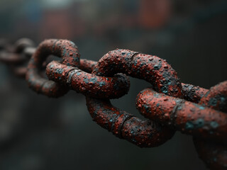 Fototapeta premium The picture shows a worn, weathered metal chain twisted by another link. 
