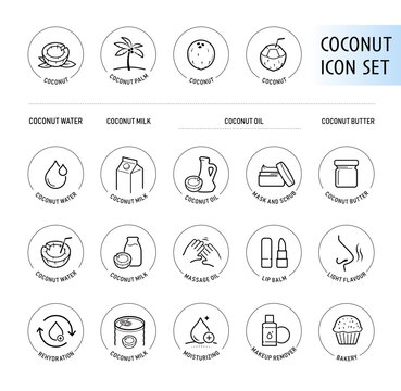 Coconut icon set for design, branding, presentation food, cosmetic products. The outline icons are well scalable and editable. Contrasting elements are good for different backgrounds. EPS10.	