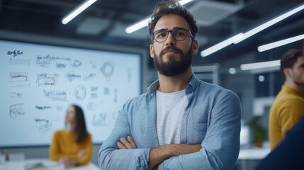Innovative man with glasses in modern office, contemplating ideas. background features sketches and notes, reflecting creative workspace atmosphere