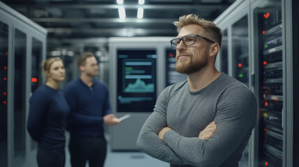 Efficient data center team discussing server performance with confidence