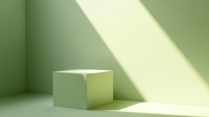 Fototapeta premium A square green podium sits in an empty corner under a shaft of light.