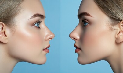 Before and after rhinoplasty. Collage comparison of female nose, woman standing isolated on blue studio background, profile side view shot, Generative AI