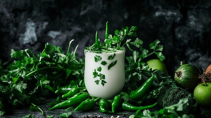 Fresh Green Smoothie with Peppers and Onions Surrounded by Vegetables