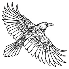 Detailed Raven Drawing: Intricate Line Art of a Flying Bird, Black and White Illustration for Coloring Pages & Tattoo Designs