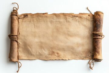 Ancient old paper scroll isolated on white background.