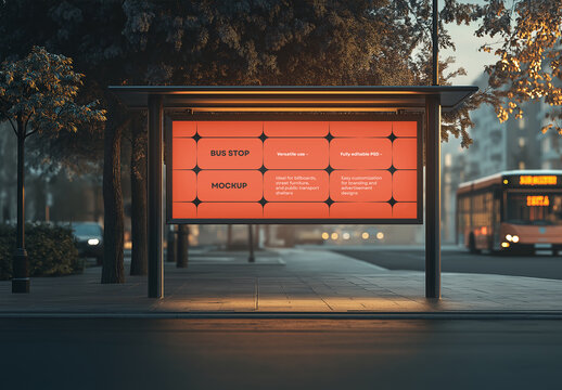 Bus Stop Mockup with Realistic Urban Advertising Display, High-Quality Outdoor Billboard PSD, Editable Public Transport Shelter Template for Branding & Marketing