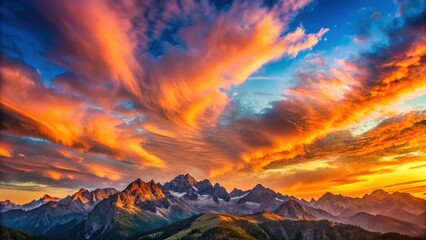 Fototapeta premium Panoramic view of a mountain range at sunset with clouds of orange and pink hues and a vast expanse of blue sky , dramatic sky, nature scenery