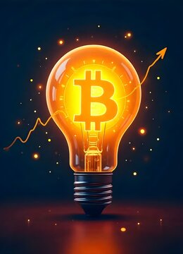 A glowing light bulb with an illuminated Bitcoin symbol inside, surrounded by a faint graph line indicating market trends, set against a dark background