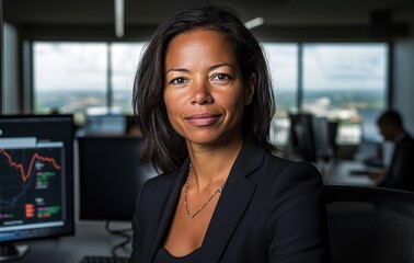 At night, in an office, a business woman works on a laptop and digital touchscreen, analyzing cyber statistics, graphs, and data, with a tablet, hologram chart, and global map within reach