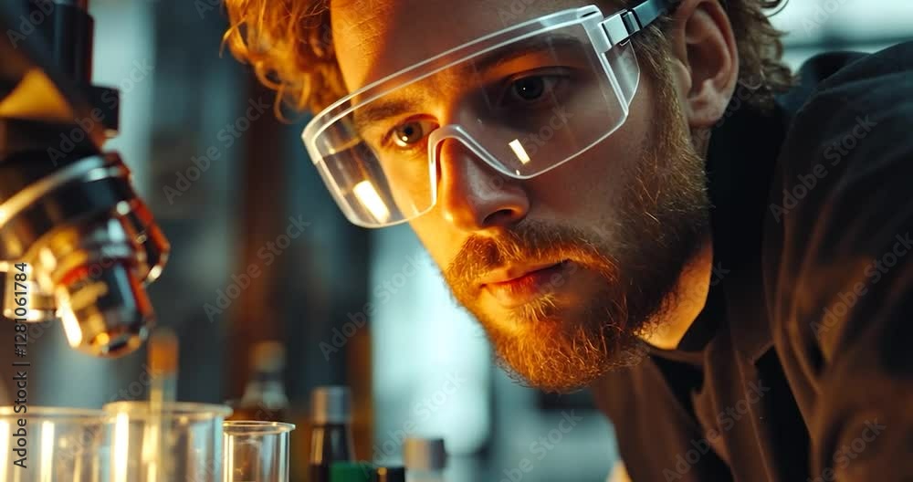 Poster Man with safety glasses in a laboratory looking at the science instrument under warm light