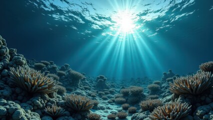 Fototapeta premium Underwater view of a coral reef affected by bleaching with sunlight filtering through ocean water 