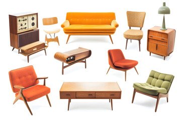 Set of trendy sofas, armchairs, with cushions in retro mid-century style. Modern soft furniture collection
