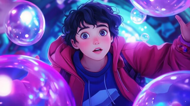 Boy Surrounded By Colorful Bubbles