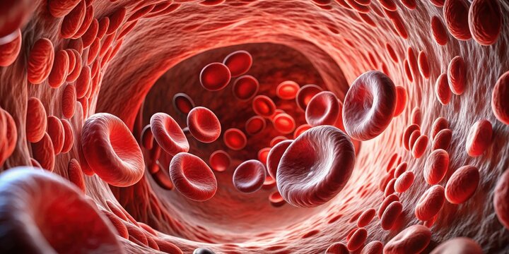 Red blood cells swim together in unison as they flow through a narrow vein, surrounded by smooth endothelial walls , microscopic view, circulation