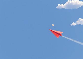 Naklejka premium A creative design icon, featuring a 3D paper airplane with a gold coin, is isolated on a blue background, symbolizing the financial business concept, including money transfer, online payment, and