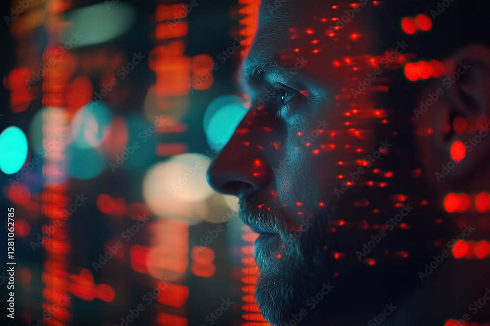Aufkleber Man illuminated by digital displays reflecting data and technology trends in modern communication