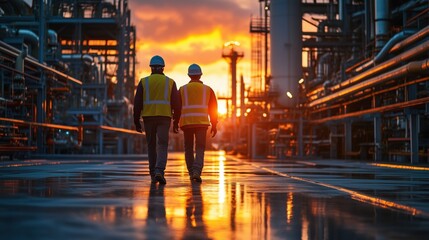 Two industrial workers walking together at sunset in a factory setting, reflecting teamwork and collaboration in a chemical processing facility