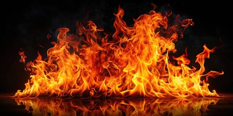 Fototapeta premium Blazing inferno on dark canvas, flames dance with orange and red hues, intense heat radiates from the fire