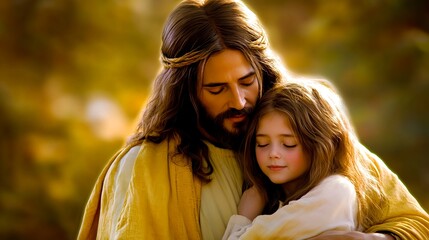Fototapeta premium Jesus Embracing Young Daughter in a Warm and Content Moment