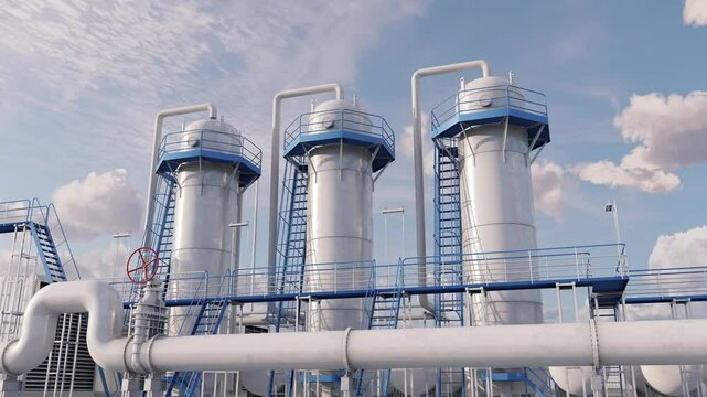 View in production area of petrochemical factory. Plant characterized by a complex layout designed for efficiency and safety. Time lapse. 3d rendering