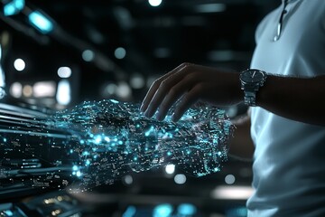 The scene depicts a male employee, programmer, or coder working in an office with a computer or tablet that displays holographic code, focusing on data analytics, coding, or cyber security with