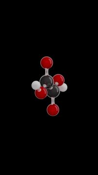 Molecule of Oxalic Acid. Animated chemical 3D Model: Ball and stick. Molecular Formula: C2H2O4. Black background. Seamless loop. Vertical screen. 3D rendering.