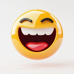 3d glossy yellow cartoon face with black eyebrows wide smile and red tongue on plain white background