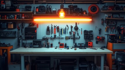 Organized Workshop with Various Tools and Equipment Under an Orange Neon Light in a Modern Setting