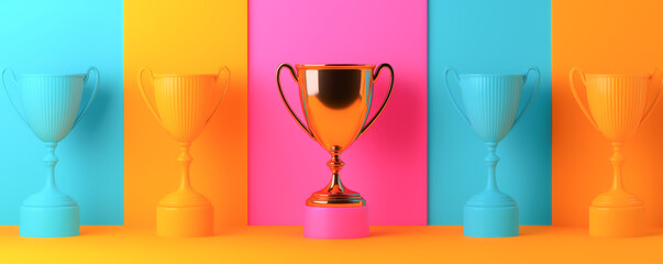 Colorful trophies arranged on a vibrant background celebrating achievement and success.